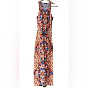 Geometric Aztec Southwestern Long Tank Maxi Dress Orange Blue Turquoise - XS